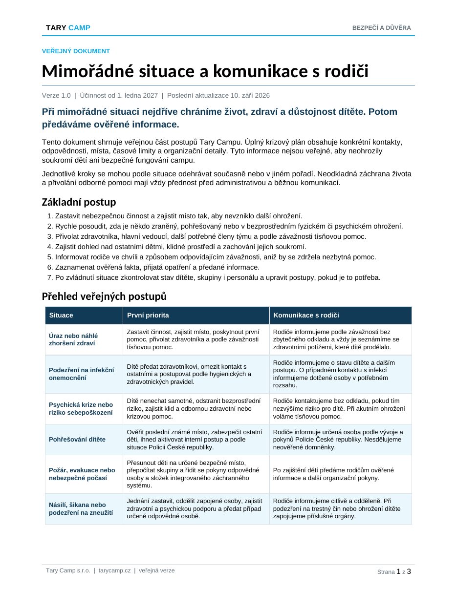 Náhled první strany dokumentu Veřejný rámec mimořádných situací a komunikace s rodiči