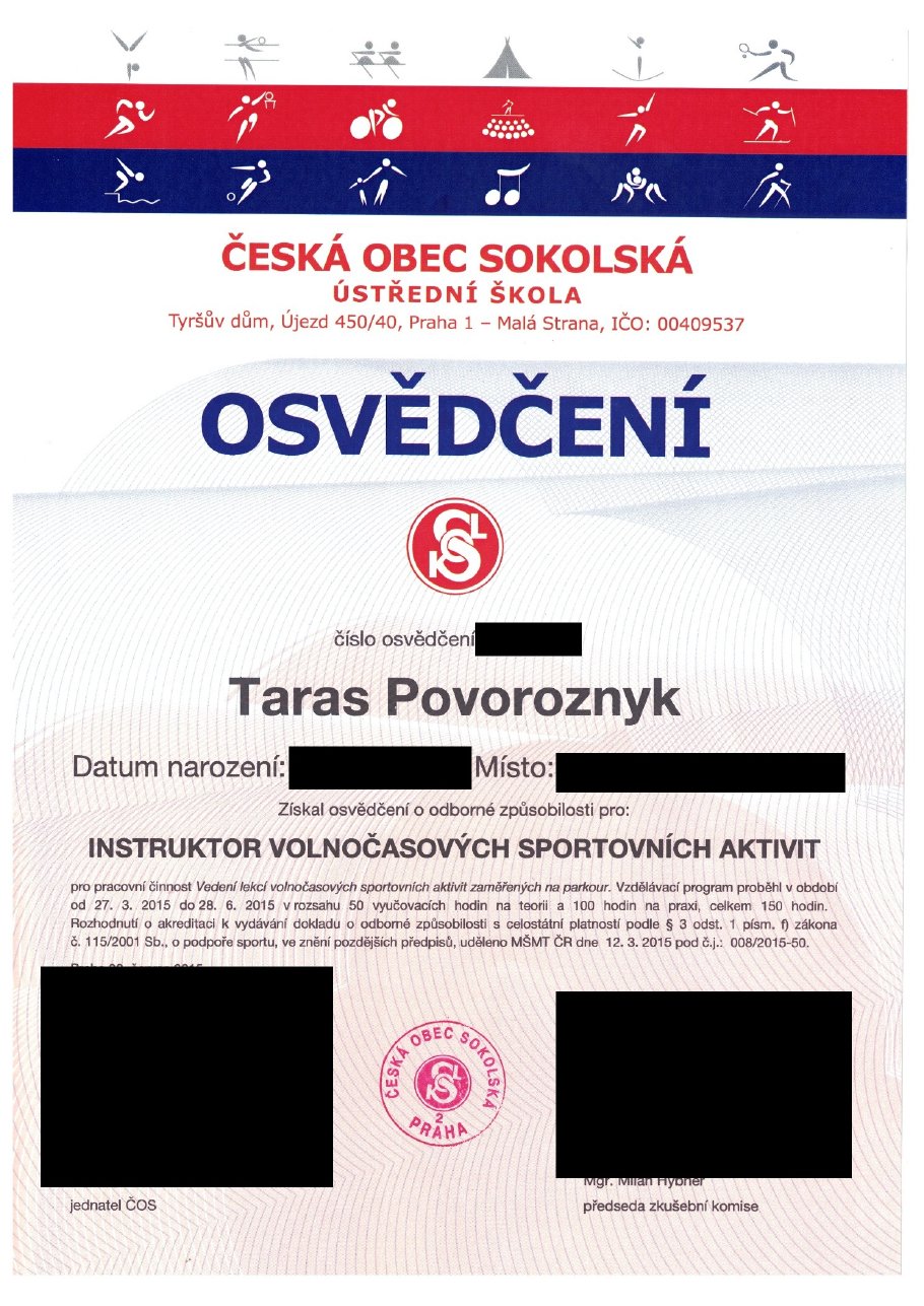 Náhled první strany osvědčení instruktora sportovních aktivit od České obce sokolské